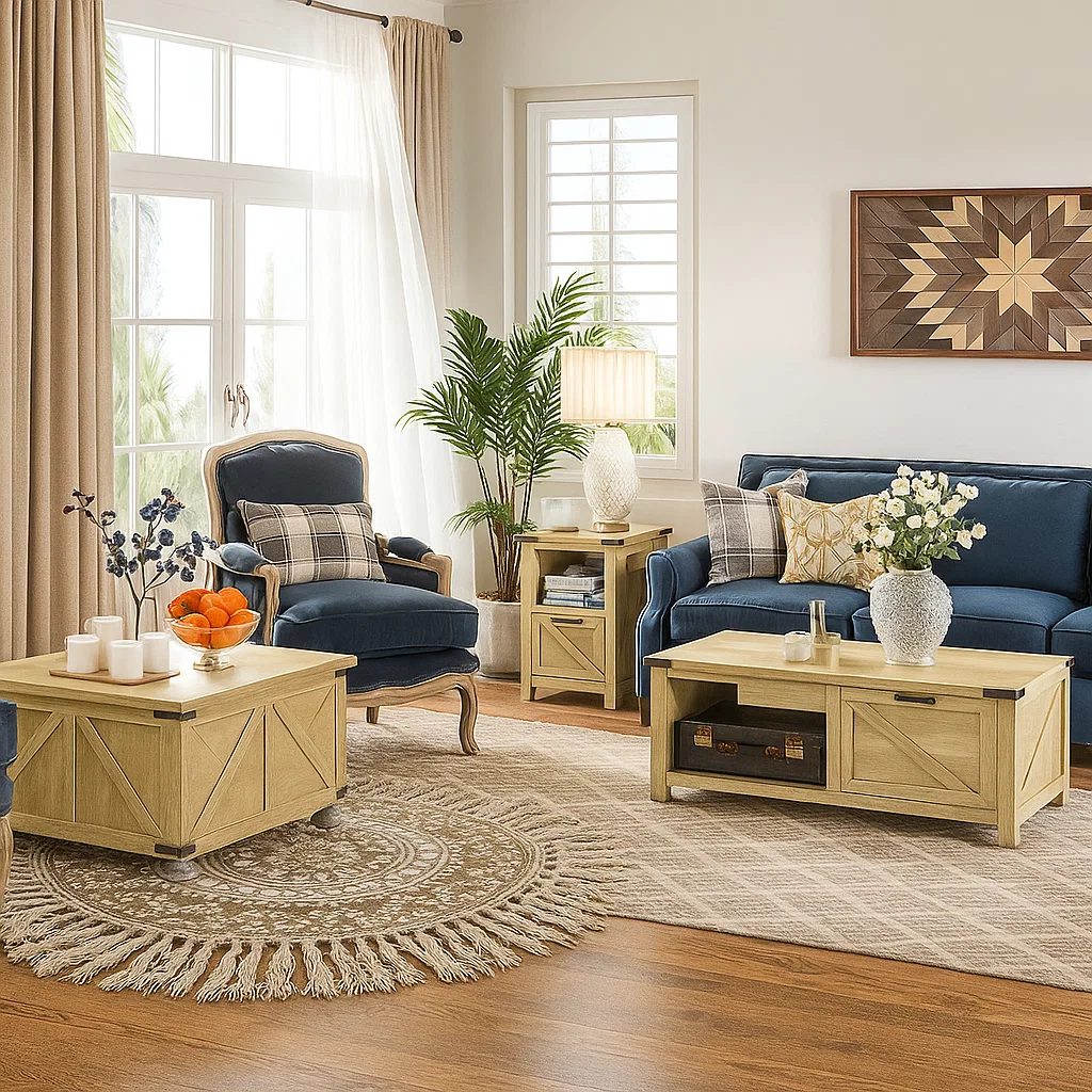 farmhouse side table with open shelving and wood finish, ideal for cozy interiors.