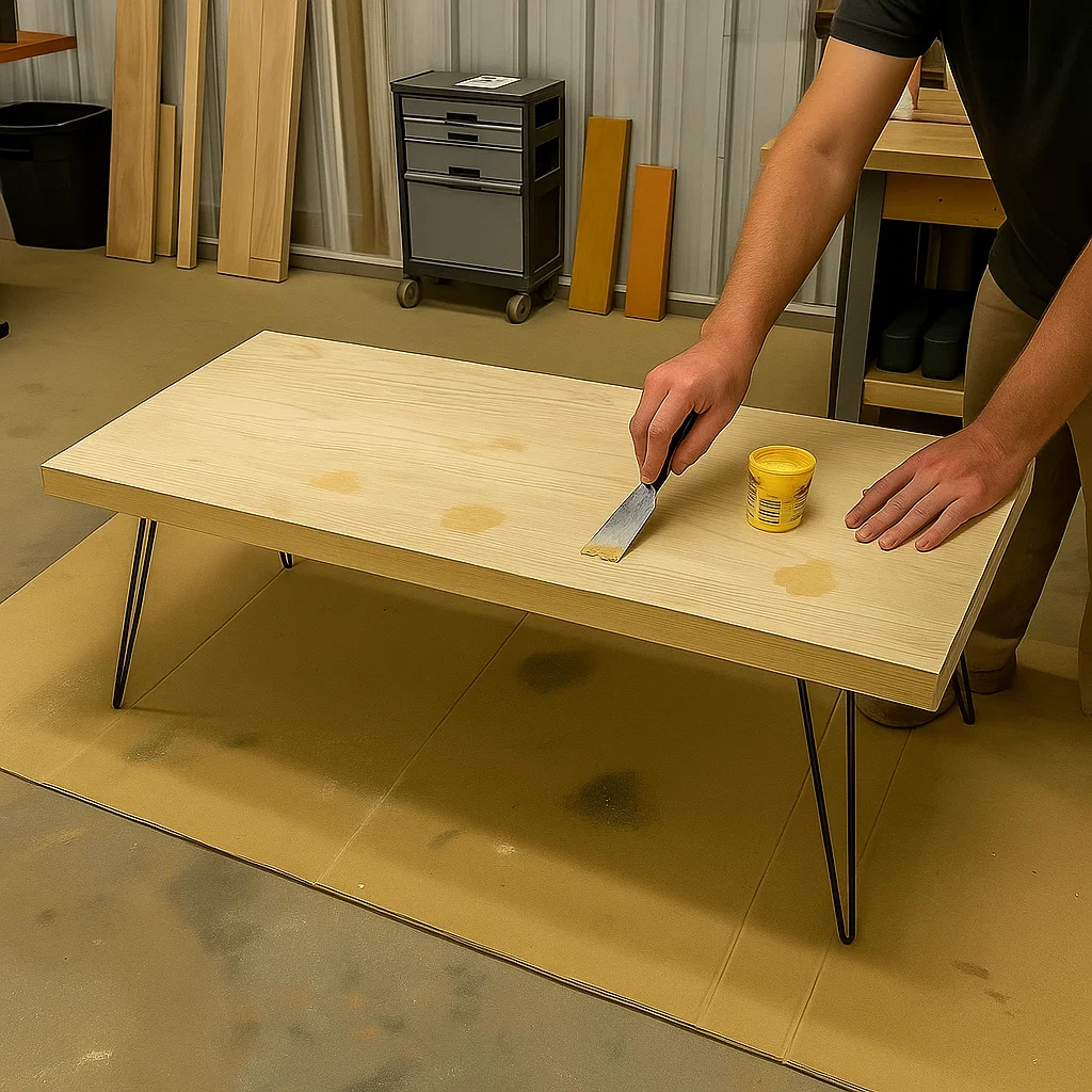 Applying wood filler to patch surface dents and scratches on a sanded coffee table.

