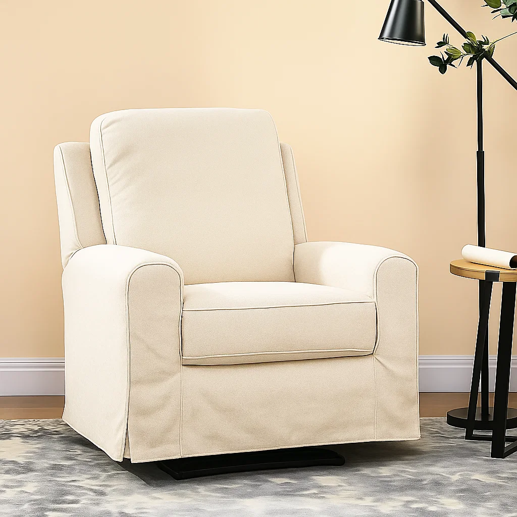 Fully upholstered recliner with neat seams and clean fabric finish displayed in a room.