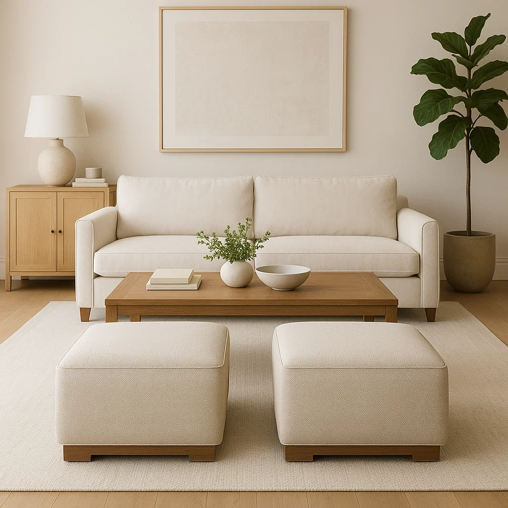 Sofa with neutral tones paired with matching coffee table and minimalist decor.
