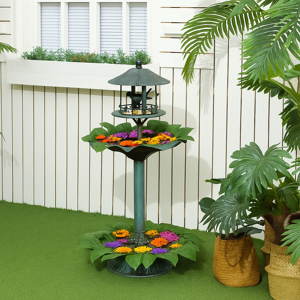 Bird bath with floating flowers and green leaves for a nature-inspired look.