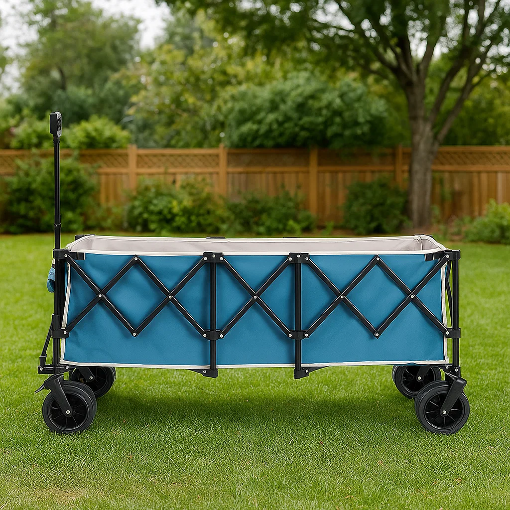 Extra-long foldable wagon with rugged wheels.