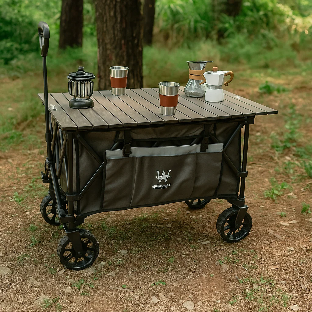 Utility folding wagon with flat tabletop surface, holding snacks and drinks at campsite.