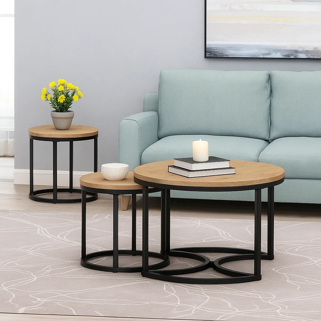 Coffee table decorated using rule of three with candle, ceramic bowl, and stacked black-and-white books.
