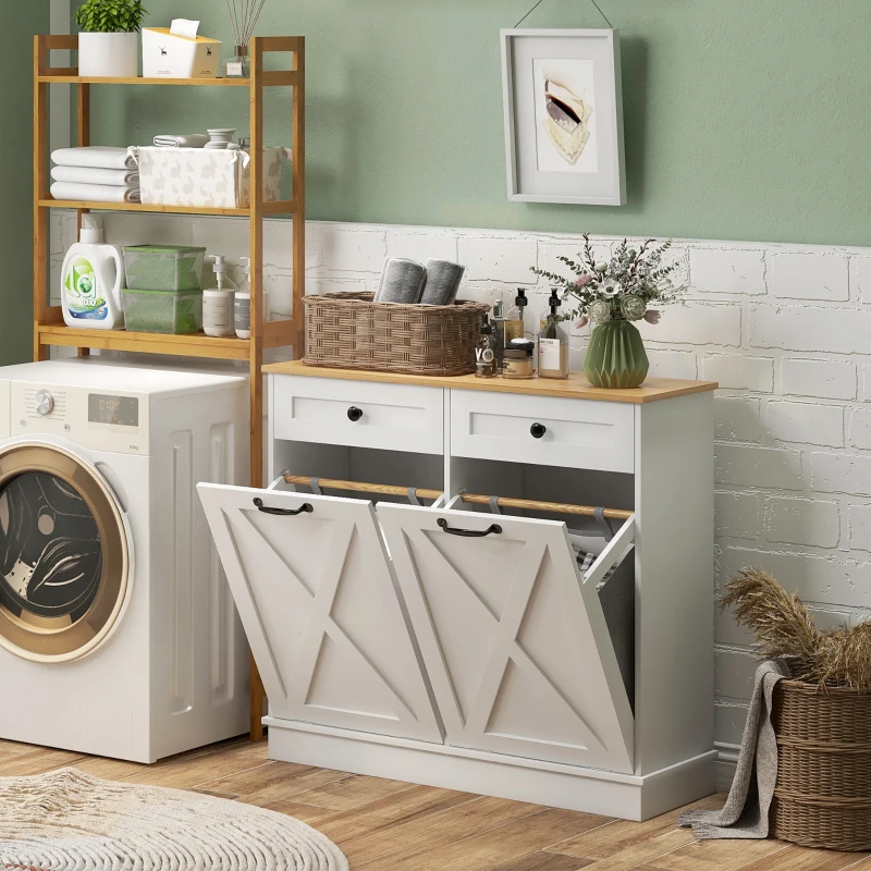 Modern laundry room with washer, open shelving, decorative vases, and a white double tilt-out hamper cabinet.