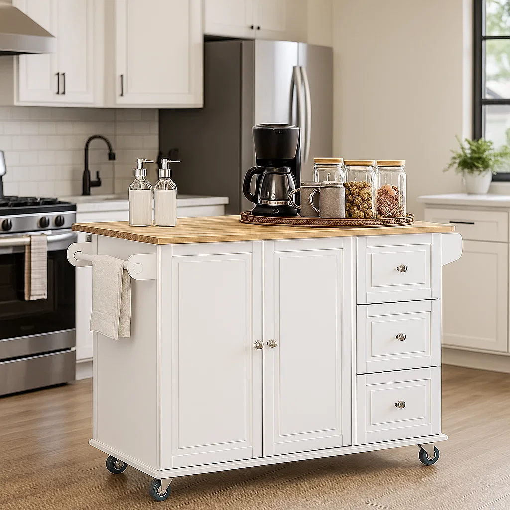 Coffee maker and jars arranged on a white kitchen island with a wooden top.