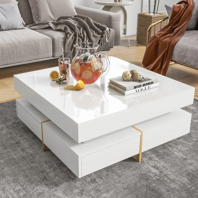 Glass top coffee table with pitchers and decorative items.