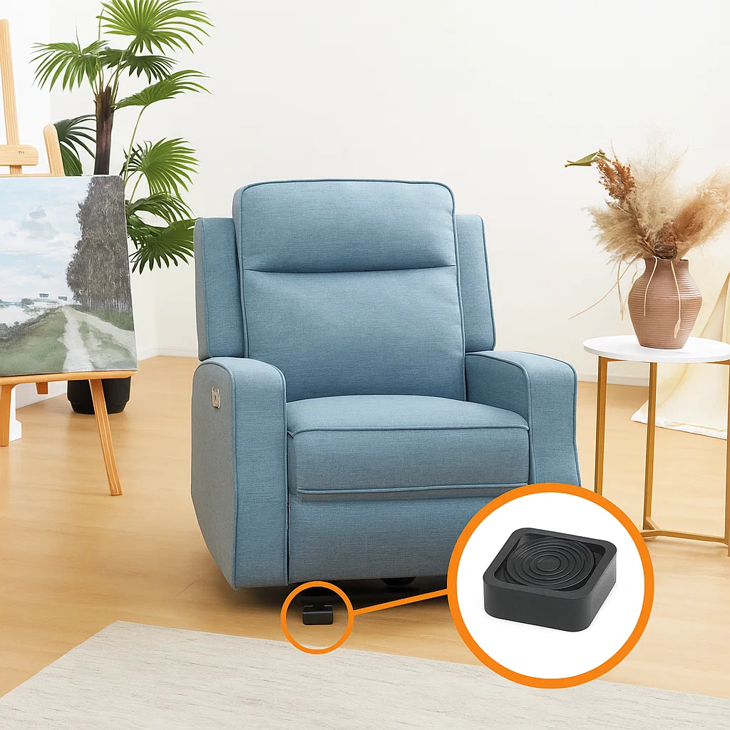 Blue recliner with black square rubber pads highlighted, placed on hardwood floor to prevent sliding.