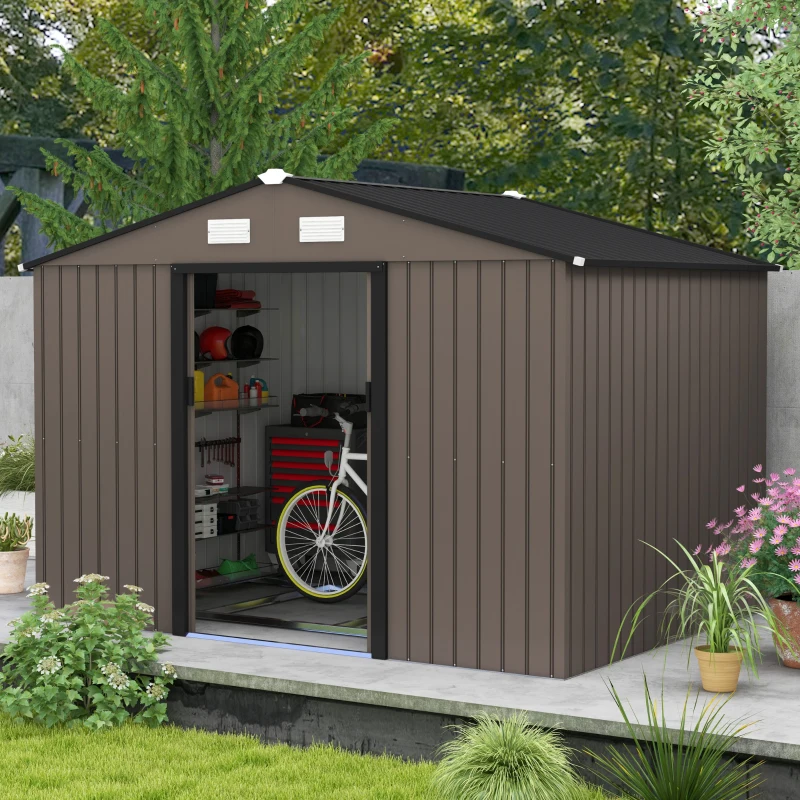 Brown gabled shed with bike and tools stored inside.