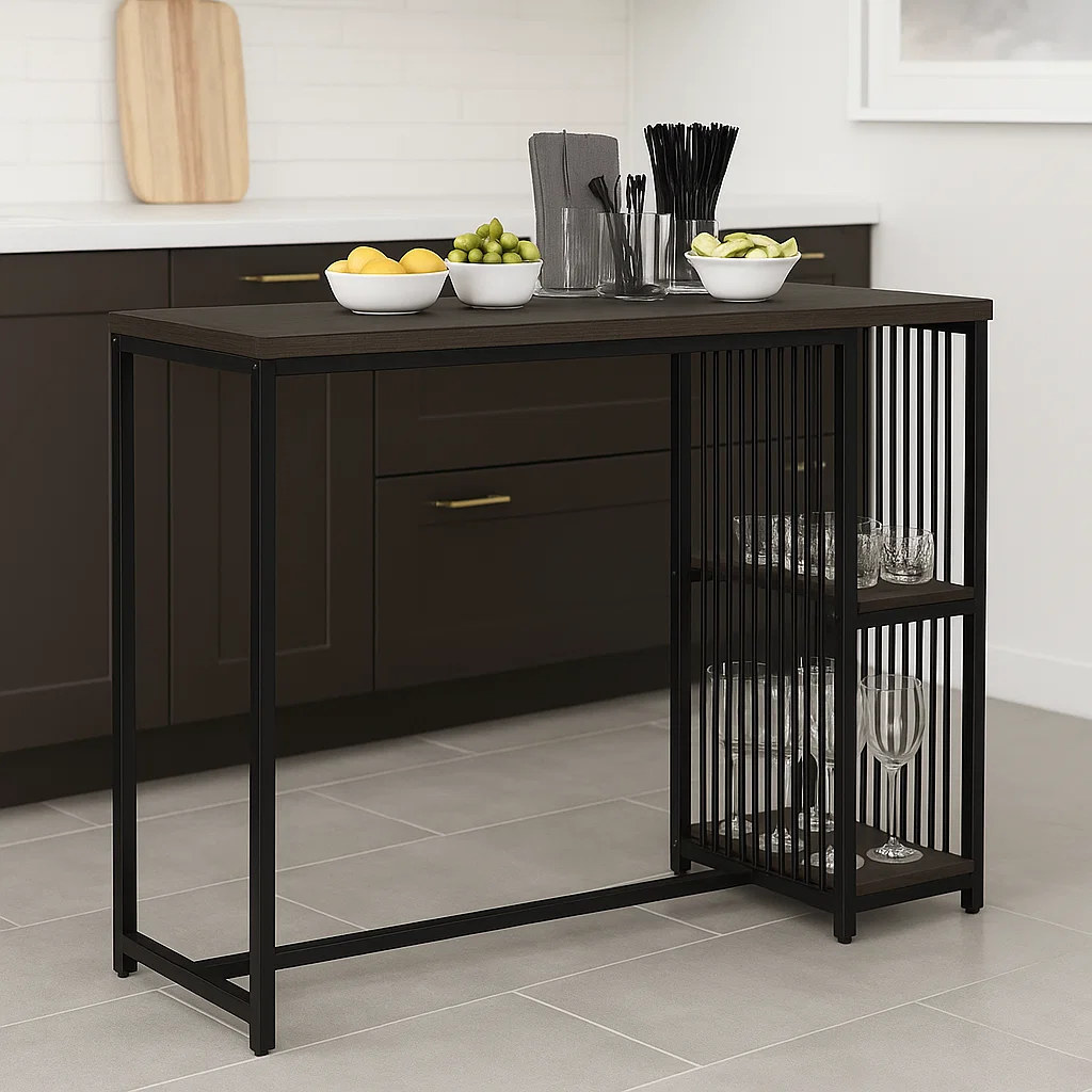 Minimalist black bar table topped with fruit bowls, napkins, and glassware in a sleek kitchen.