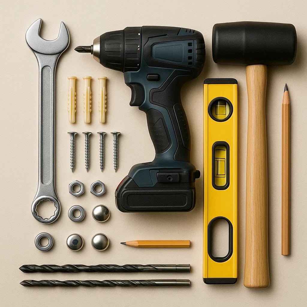 Essential tools for installing a stair railing outdoors.