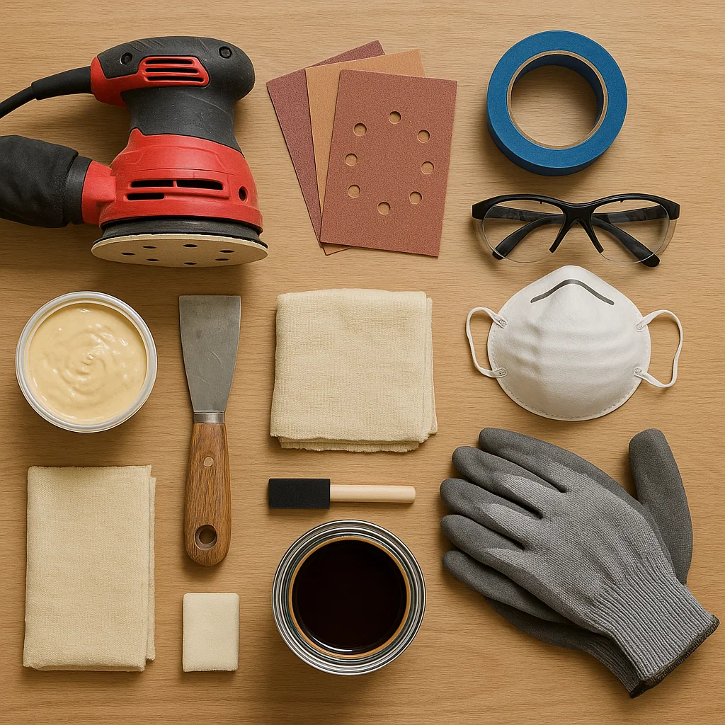 Flat lay of sanding tools, gloves, safety gear, stain, and wood filler for refinishing a coffee table.
