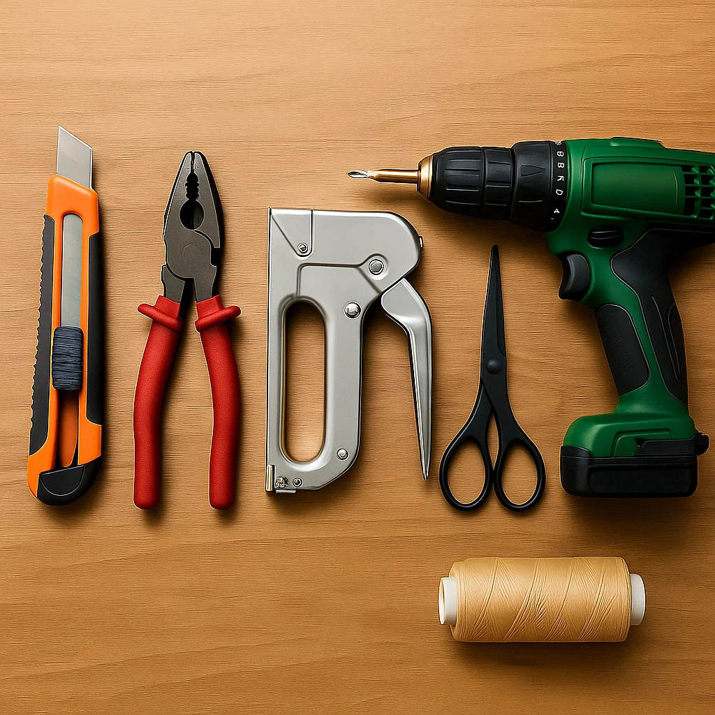 Essential tools including pliers, drill, stapler, and thread arranged for chair fabric replacement.