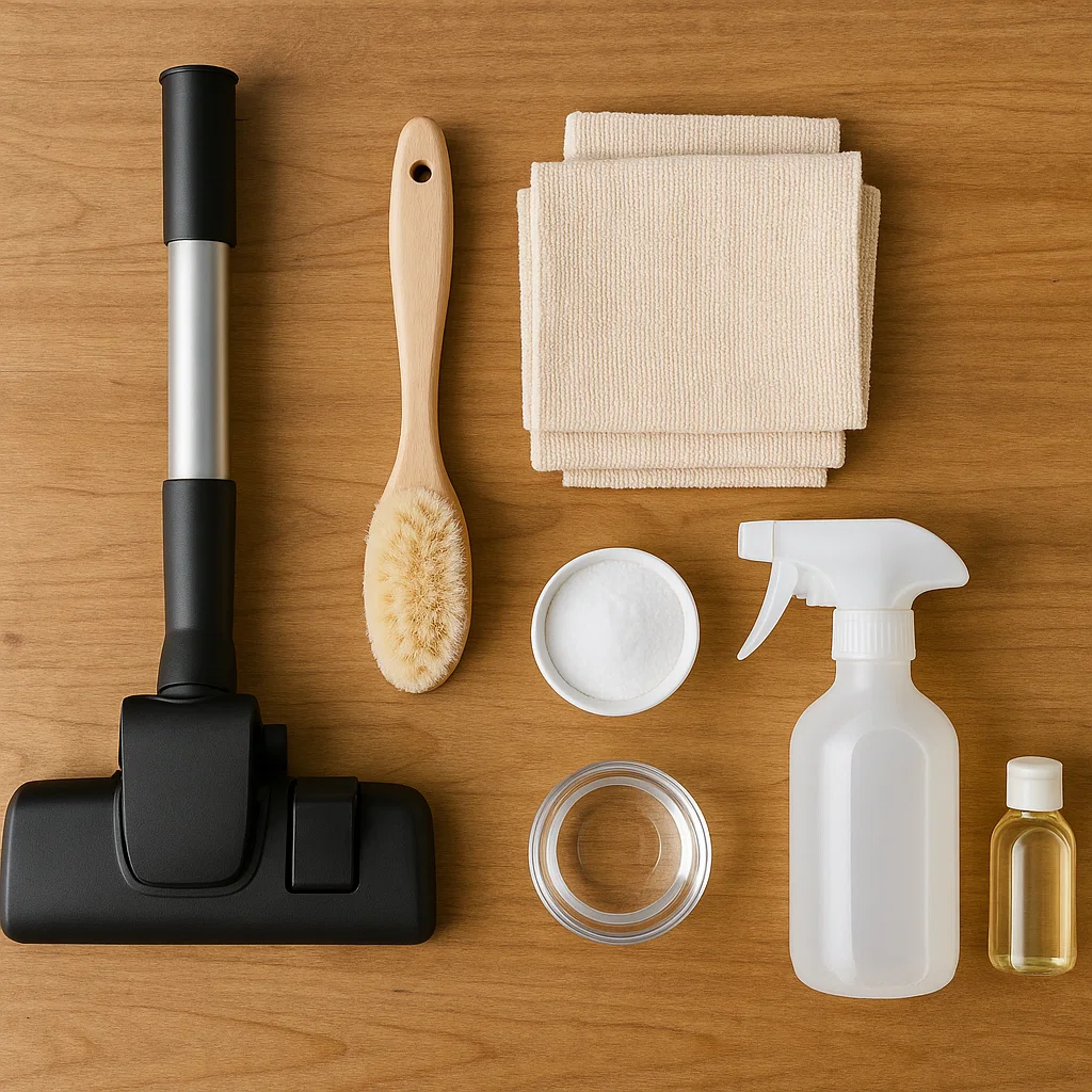 Vacuum, brush, cloths, spray bottle, and cleaning ingredients arranged on wooden surface