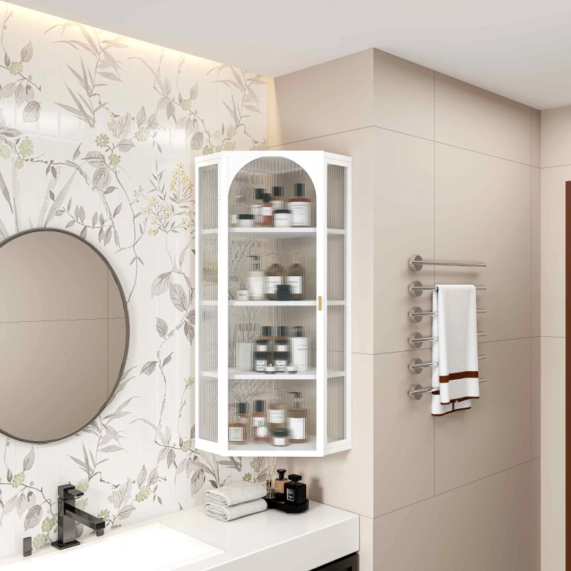 White glass bathroom cabinet with organized bottles and jars on shelves, floral wall background.