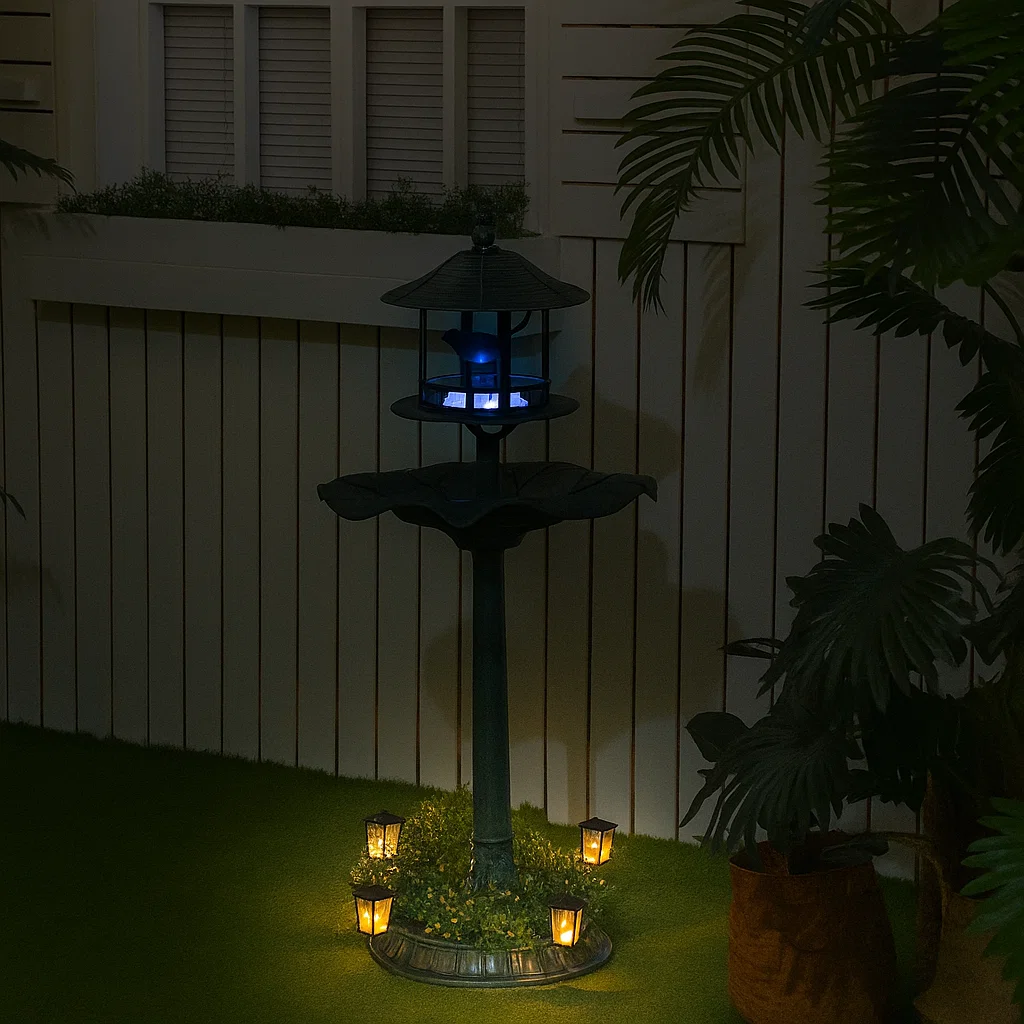 Bird bath illuminated by solar lighting, glowing at night with a cozy ambiance.