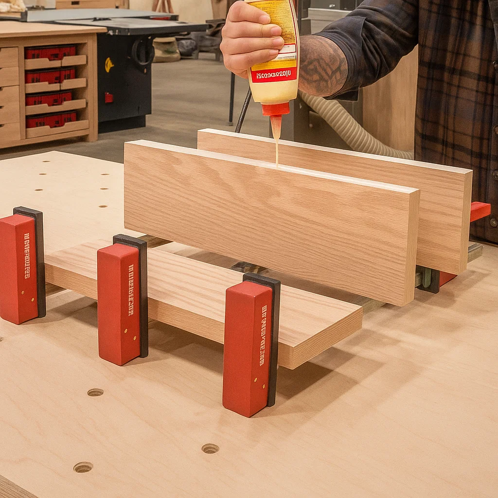 Woodworker applying glue to wooden boards clamped together for creating a sturdy tabletop.