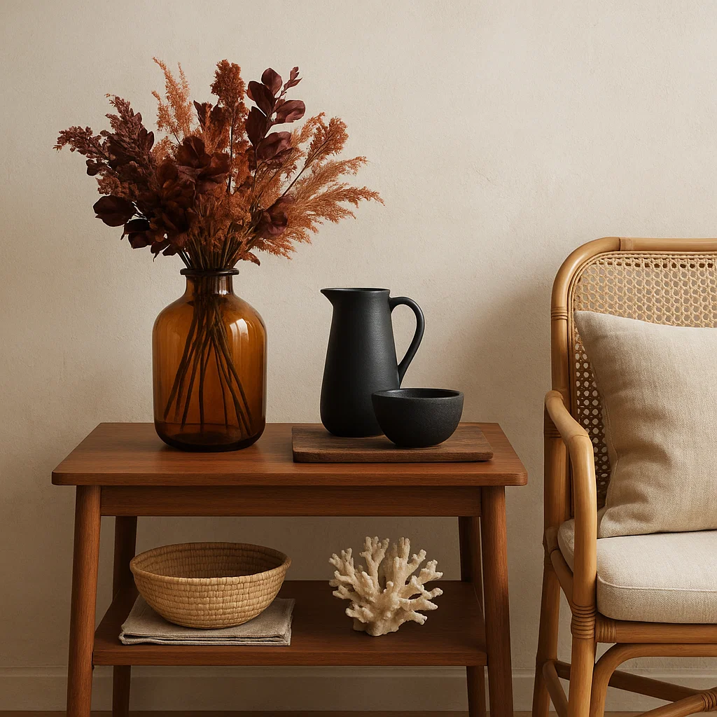 Warm wood end table with dried florals, ceramic vessels, and coral for autumn-inspired decor
