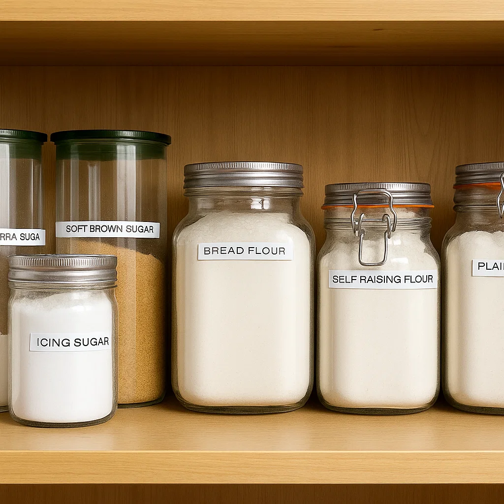 Organized pantry shelf with labeled jars, keeping similar food items grouped together.