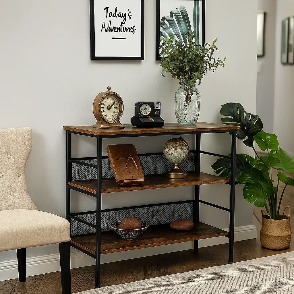 Hallway console table with vintage clocks, a journal, a globe, and a clear glass vase.
