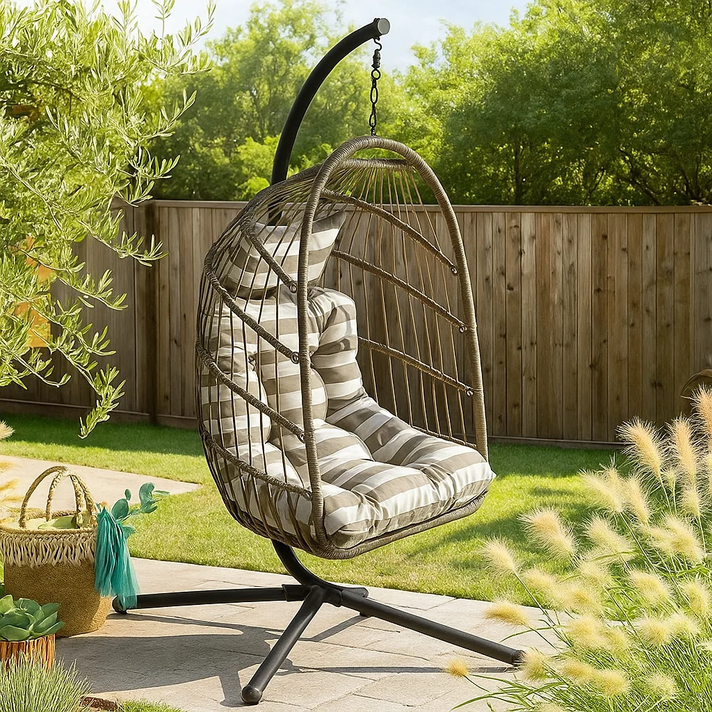 Rattan egg-shaped hanging chair with cushions.
