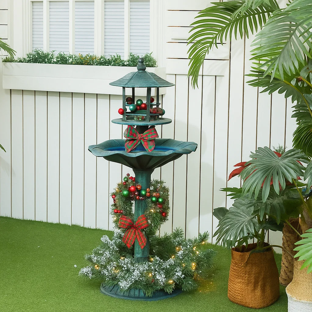 Bird bath decorated with festive holiday elements like bows, ornaments, and garlands.
