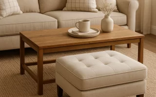 Ottoman and coffee table arrangement with natural wood elements and neutral accents.