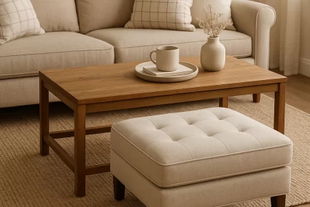Ottoman and coffee table arrangement with natural wood elements and neutral accents.