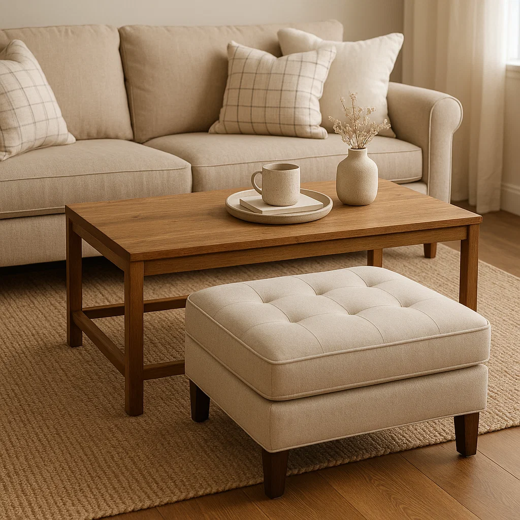 Ottoman and coffee table arrangement with natural wood elements and neutral accents.
