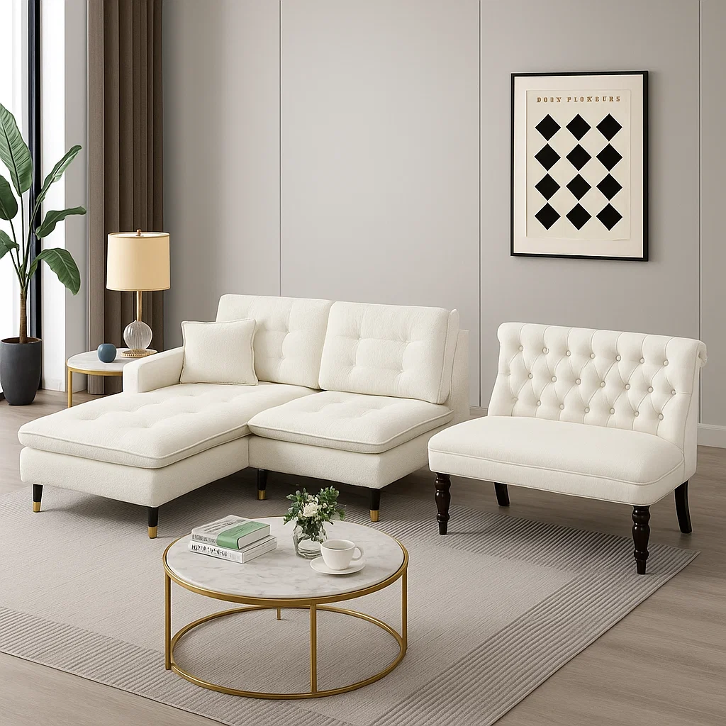 White sectional sofa and tufted armless loveseat in a modern living room with gold accents.