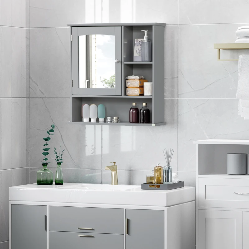 Gray wall-mounted bathroom cabinet with mirror, open shelves, and toiletries above modern sink.