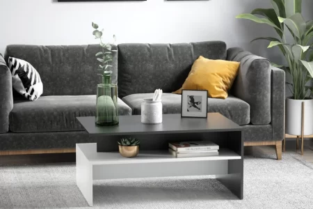 Modern living room with a two-tone coffee table, grey couch, framed art, and indoor plants.
