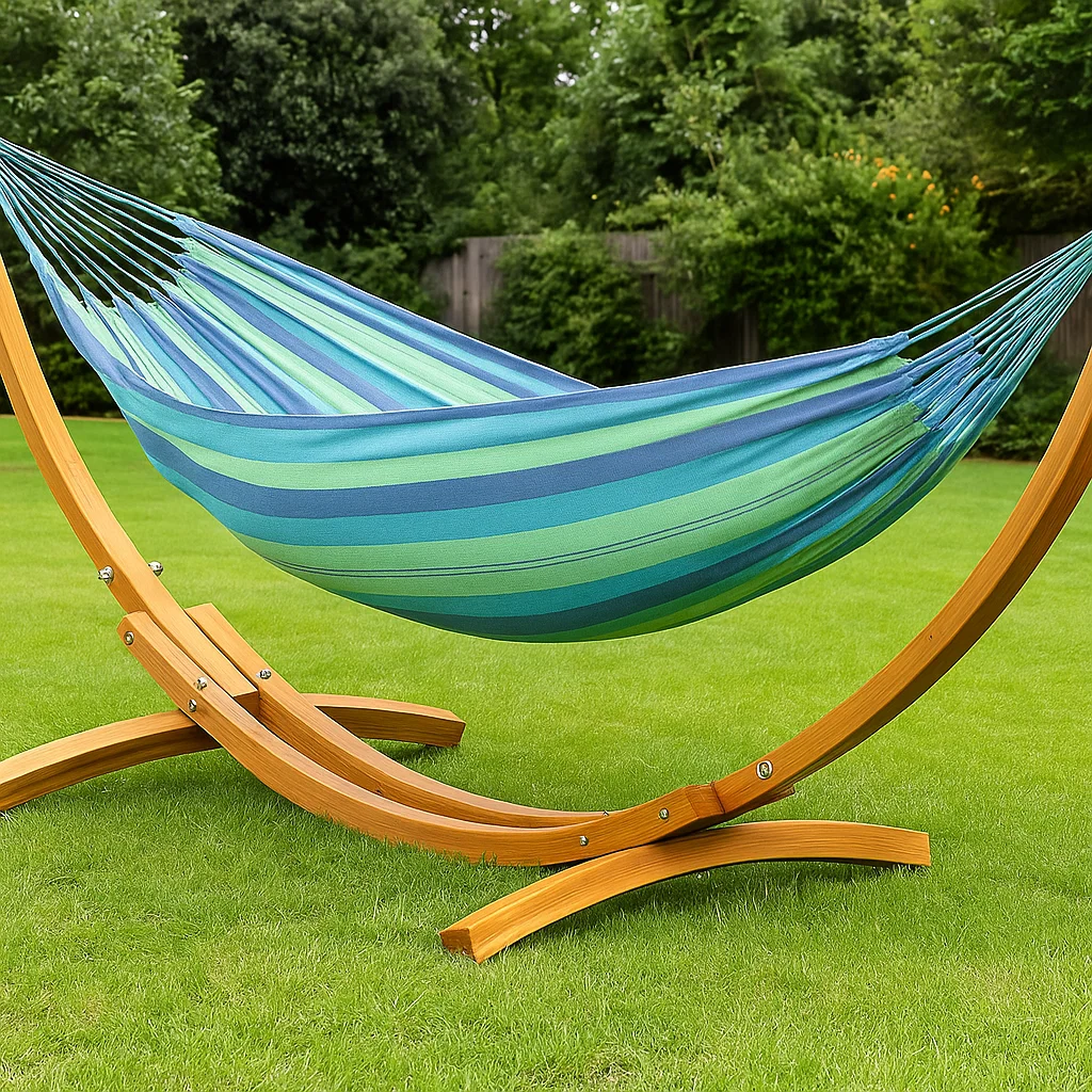 Colorful hammock hanging on wooden stand in backyard showcasing comfortable outdoor relaxation setup.