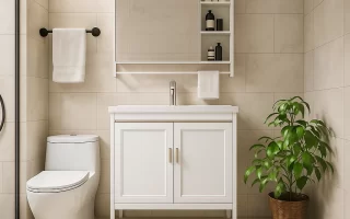 Modern beige bathroom with white vanity, large mirror cabinet, potted plant, and organized toiletries.