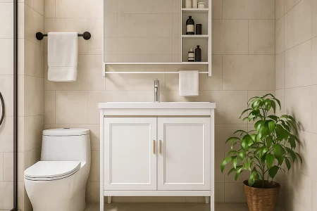 Modern beige bathroom with white vanity, large mirror cabinet, potted plant, and organized toiletries.