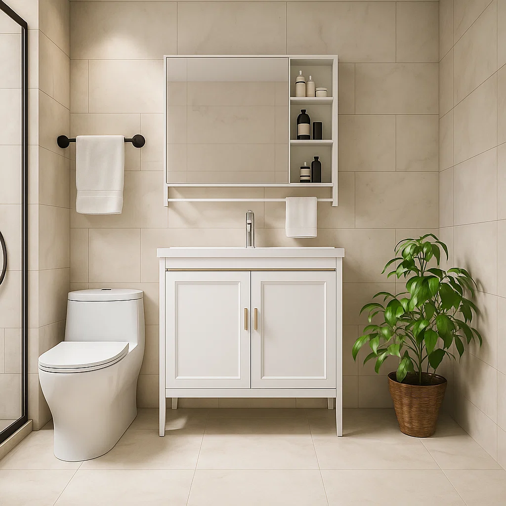 Modern beige bathroom with white vanity, large mirror cabinet, potted plant, and organized toiletries.