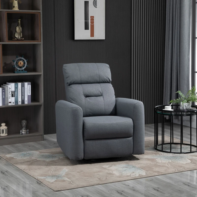 Modern grey fabric recliner chair in a stylish living room with bookshelves and wall art.