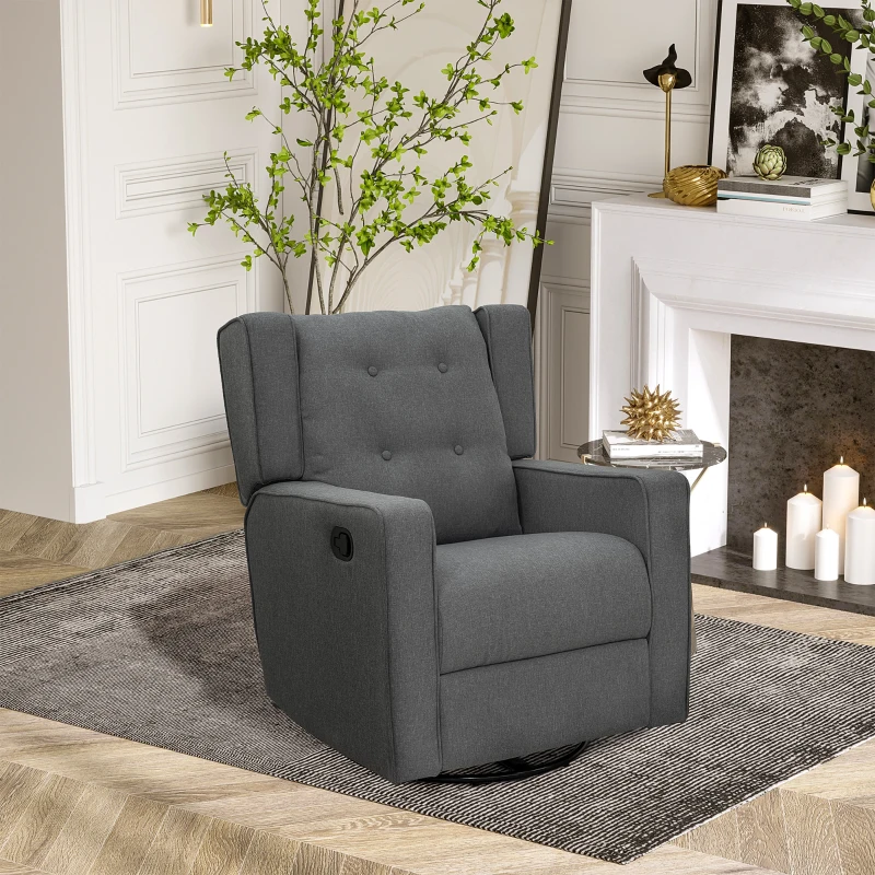 Grey tufted recliner placed in a bright room with a fireplace and indoor plant decor.