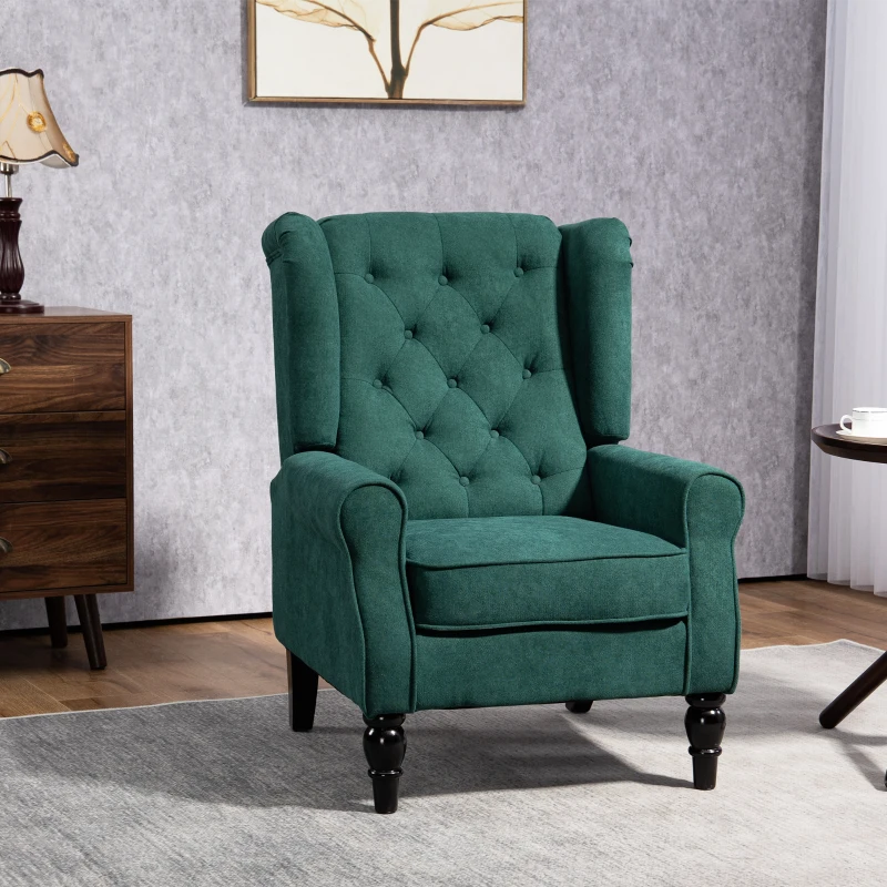 Green upholstered accent chair with button tufting in a modern living room