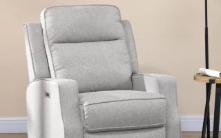 Original grey recliner chair before being re-covered with custom upholstery fabric.