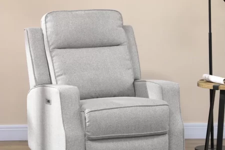 Original grey recliner chair before being re-covered with custom upholstery fabric.