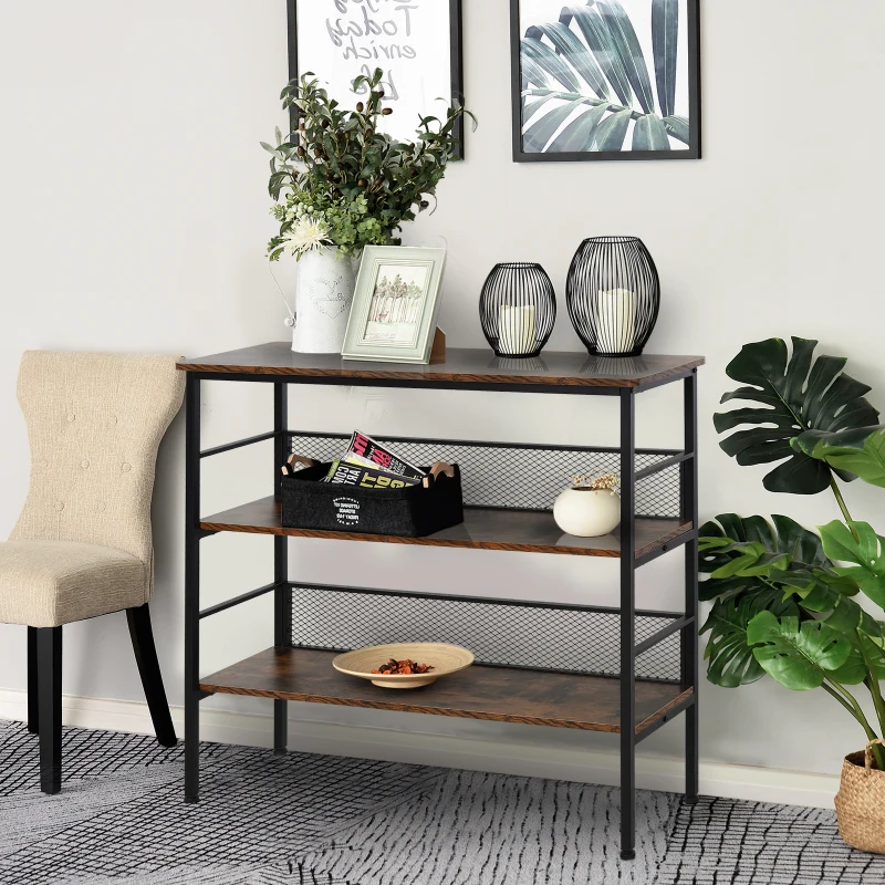 Console table with earthy textures, sculptural decor, and framed minimal line art in warm tones.
