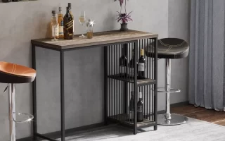 Contemporary home bar setup with liquor bottles, wine glasses, and modern stools in a lounge.