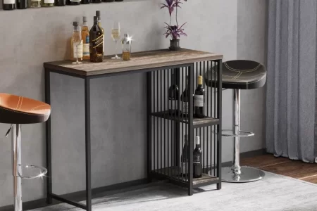 Contemporary home bar setup with liquor bottles, wine glasses, and modern stools in a lounge.