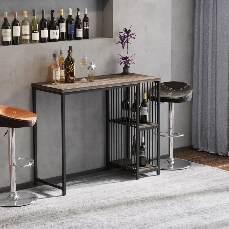 Contemporary home bar setup with liquor bottles, wine glasses, and modern stools in a lounge.