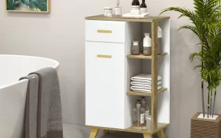 Mid-century style bathroom cabinet with open shelves, towels, toiletries, and a decorative plant beside the tub.