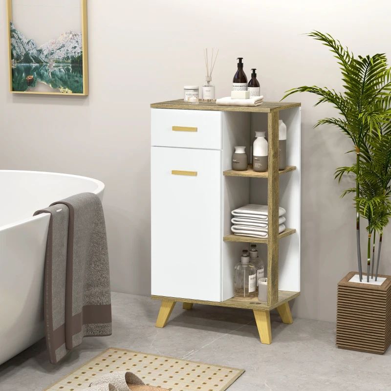 Mid-century style bathroom cabinet with open shelves, towels, toiletries, and a decorative plant beside the tub.