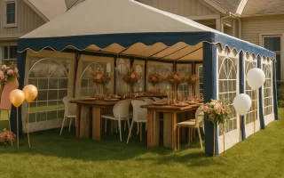 Rustic backyard canopy setup with wood tables and balloon accents for a home garden celebration.