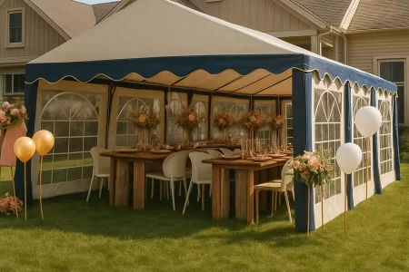 Rustic backyard canopy setup with wood tables and balloon accents for a home garden celebration.
