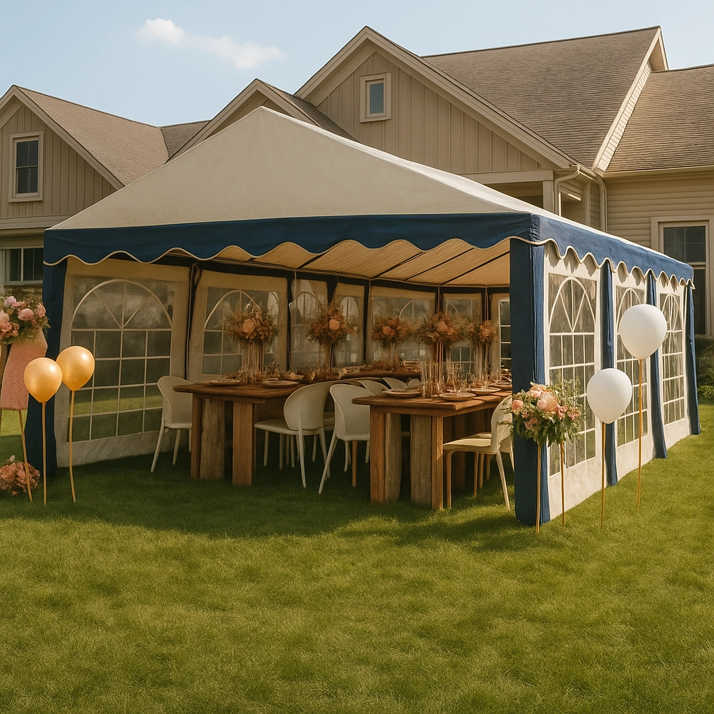 Rustic backyard canopy setup with wood tables and balloon accents for a home garden celebration.